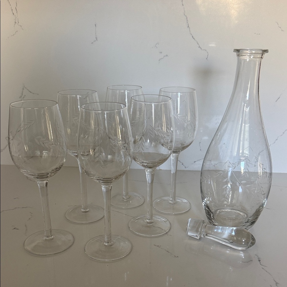 Set of Clear Glass Wine Goblets with Carafe